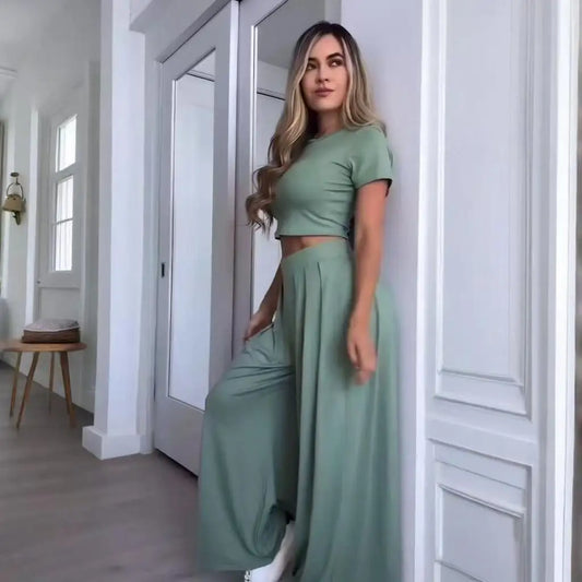2025 Summer European and American Crew Neck Solid Color Sexy Wide-leg Pants Fashion Casual Set for Women
