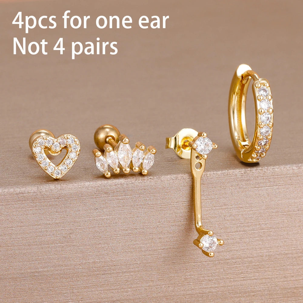 4pcs Korean Stainless Steel Zircon Water Drop Piercing Earrings Set For Women Simple Huggie Square Hoop Earring Fashion Jewelry