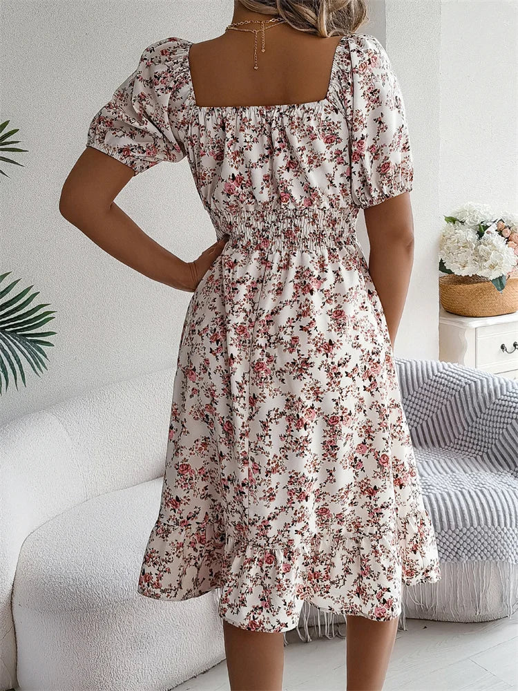 Spring Summer Square Collar Floral Mid-Length Dress Women's Casual Print A-Line Dress