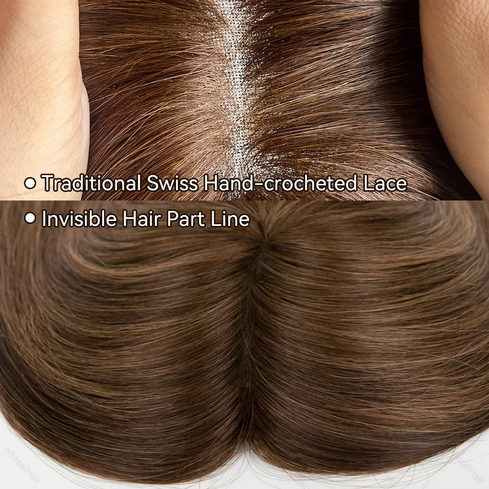 Balayage Brown 5x6 Swiss Lace Human Hair Toppers Premium Remy Hair 14"-16" Hand-Crocheted 130% Density Breathable