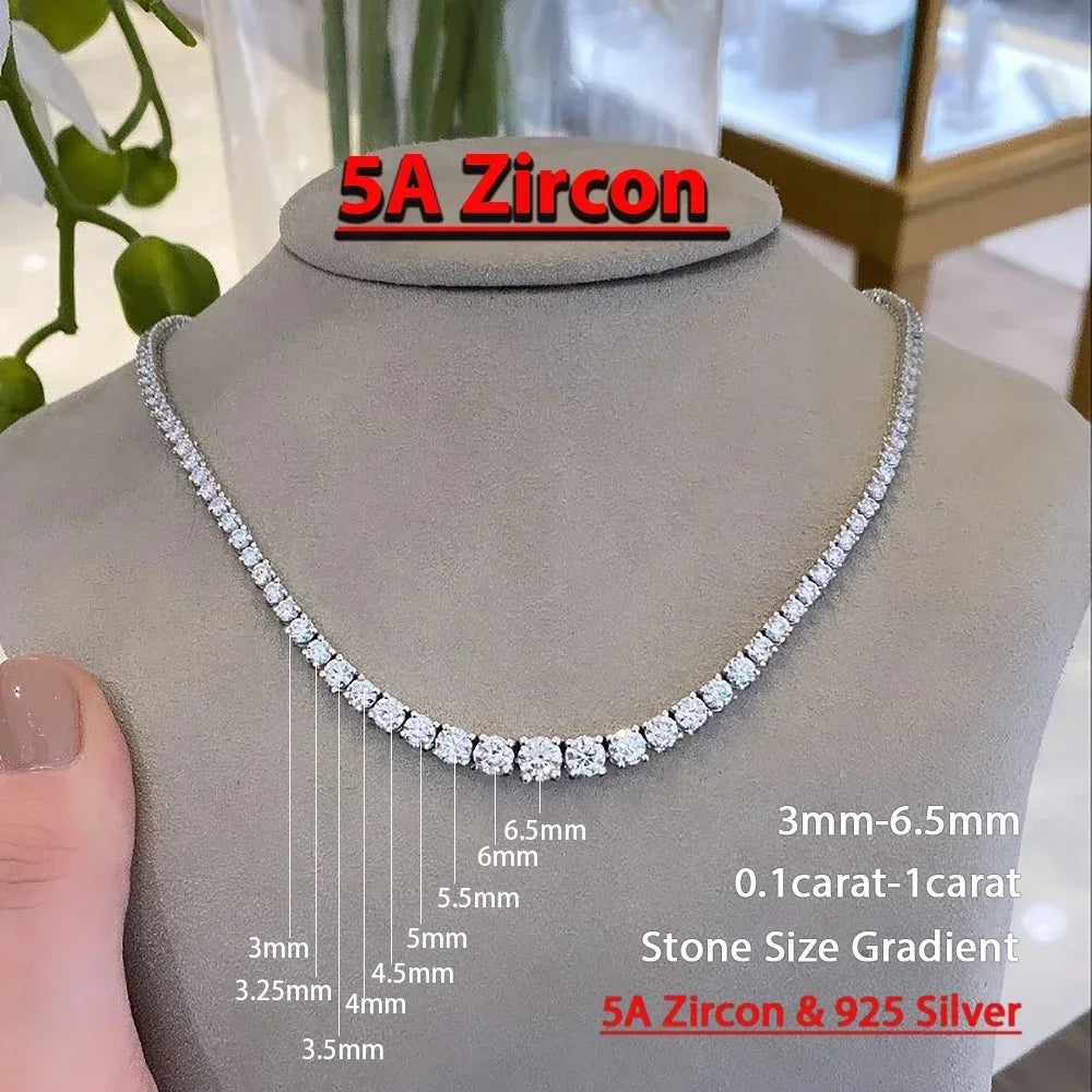 3-5mm Size Gradient Full Moissanite Diamond Tennis Necklace with Certificate 100% S925 Silver Choker Riviera Necklace for Women
