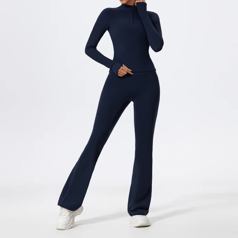 Hearuisavy Half Zipper Yoga Suit Outdoor Workout Clothing Casual Gym Set Women Flared Pants 2Pcs Sports Long Sleeves Shirt Suit
