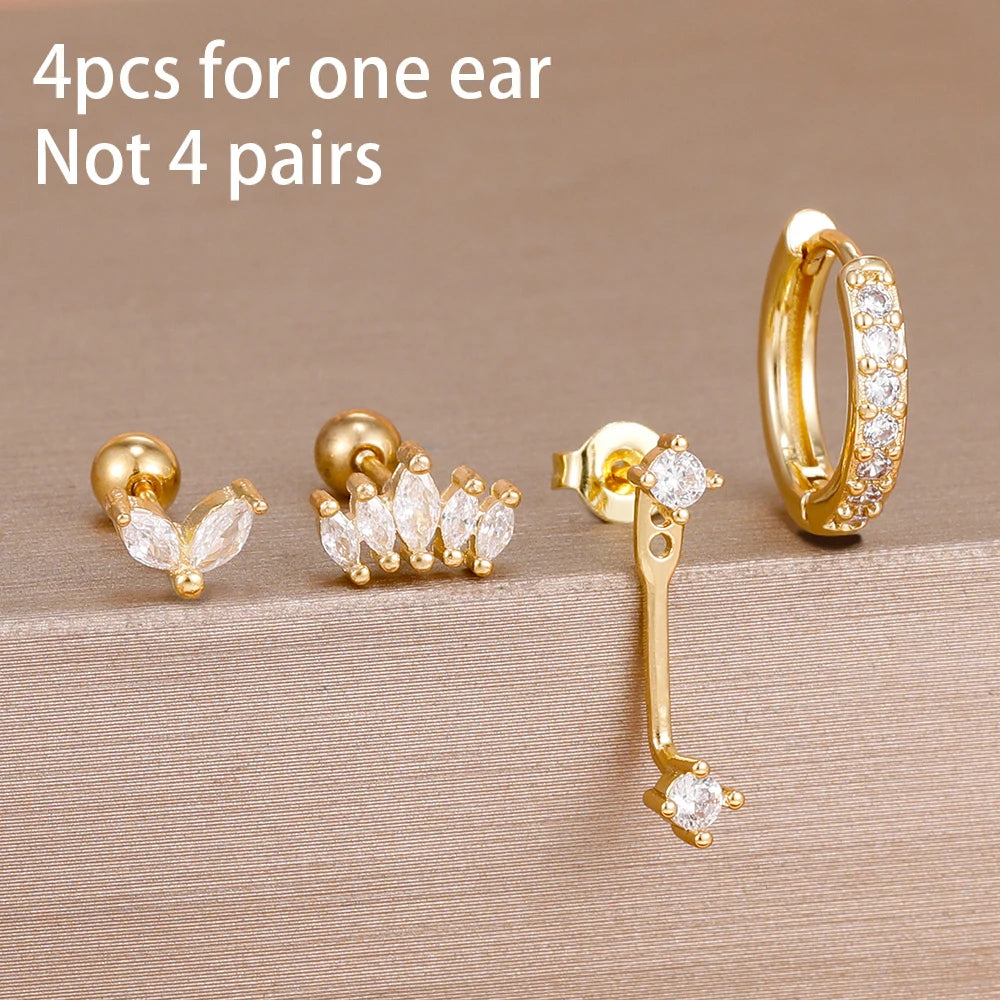 4pcs Korean Stainless Steel Zircon Water Drop Piercing Earrings Set For Women Simple Huggie Square Hoop Earring Fashion Jewelry
