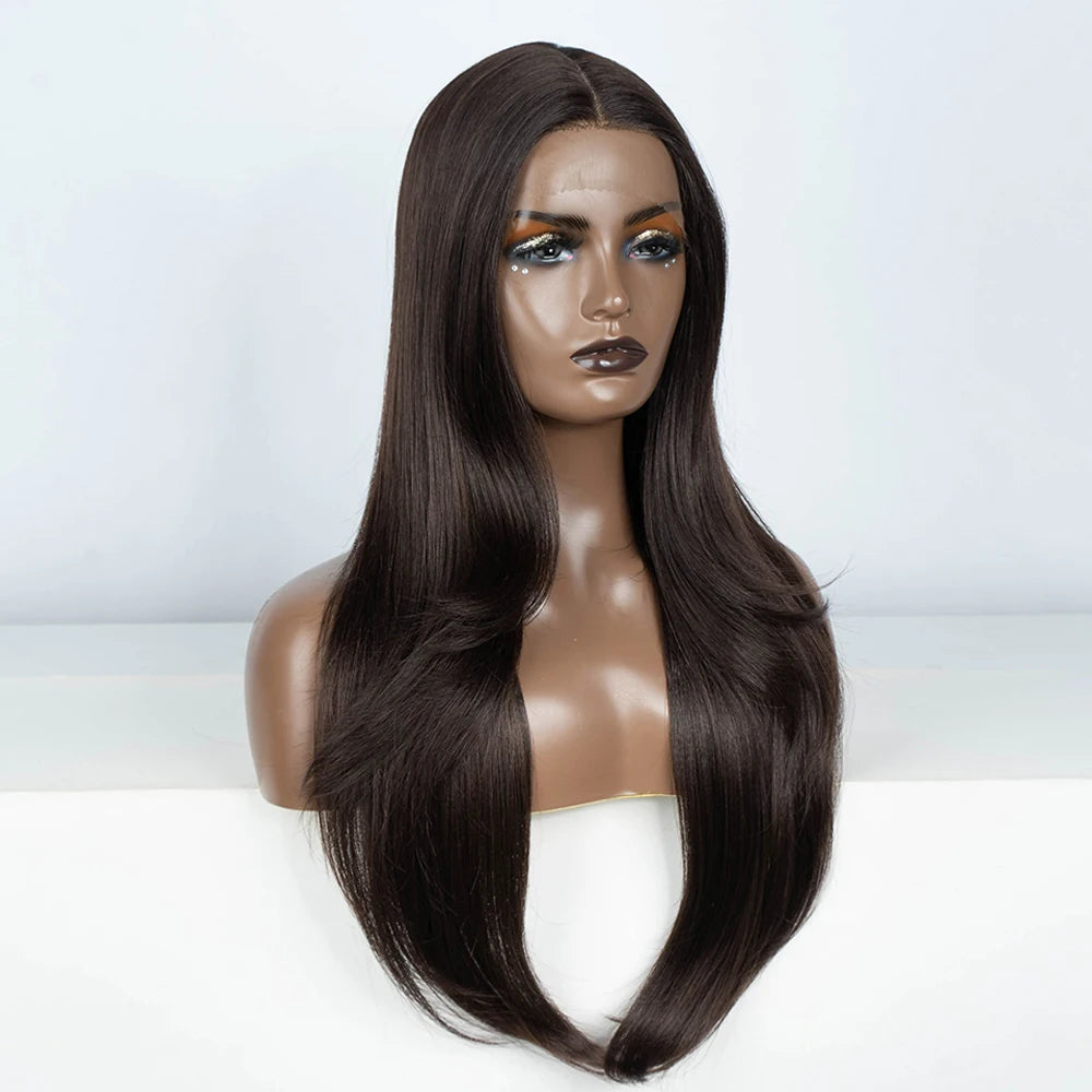 Synthetic Lace Front Wig 28" Straight Ombre Chocolate Brown lace Wig Cosplay part Wig  For Women Lace Wig synthetic Lace Wig