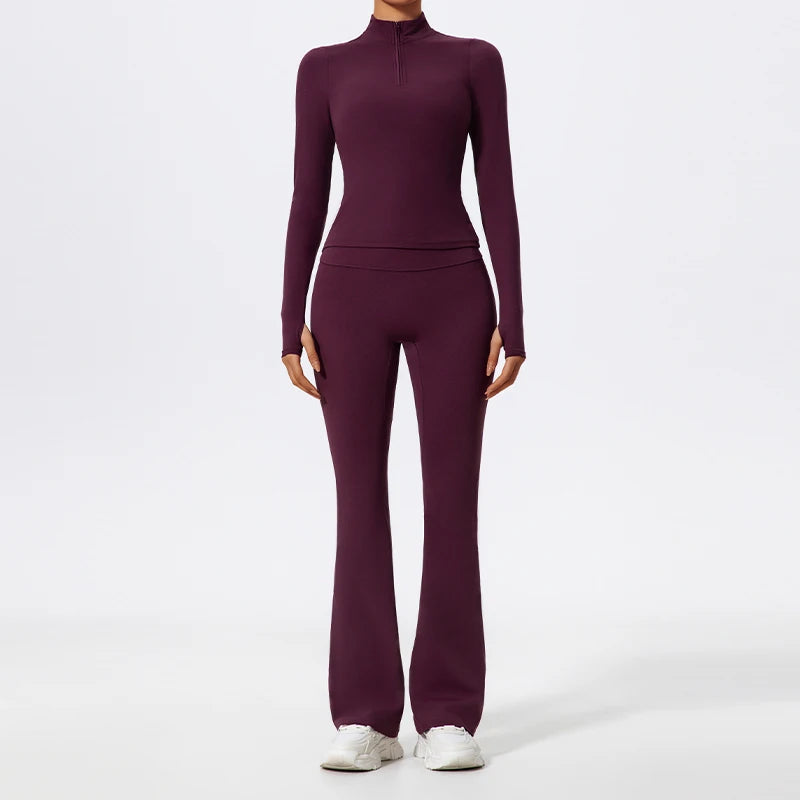 Hearuisavy Half Zipper Yoga Suit Outdoor Workout Clothing Casual Gym Set Women Flared Pants 2Pcs Sports Long Sleeves Shirt Suit