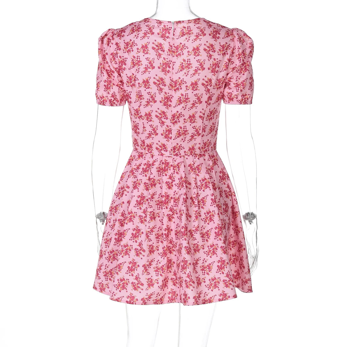 Hugcitar 2025 Floral Print V Neck Short Sleeve Lace Up Zip Up Sexy Slim Pleated Mini Dress Summer Elegant Outfits Party Vacation