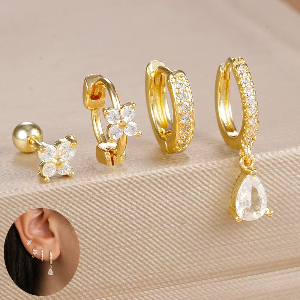 4pcs Korean Stainless Steel Zircon Water Drop Piercing Earrings Set For Women Simple Huggie Square Hoop Earring Fashion Jewelry