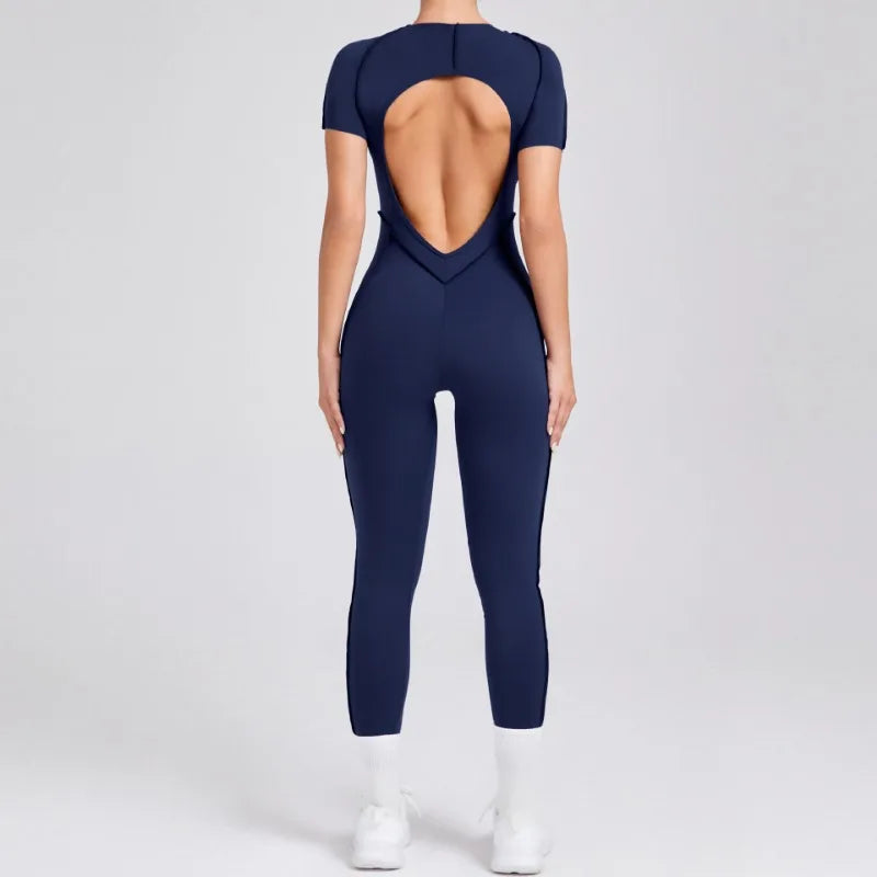 Seamless Yoga Jumpsuits Sports Fitness Hip-lifting Backless Short-sleeved One-piece Workout Gym Leggings Tracksuits for Women