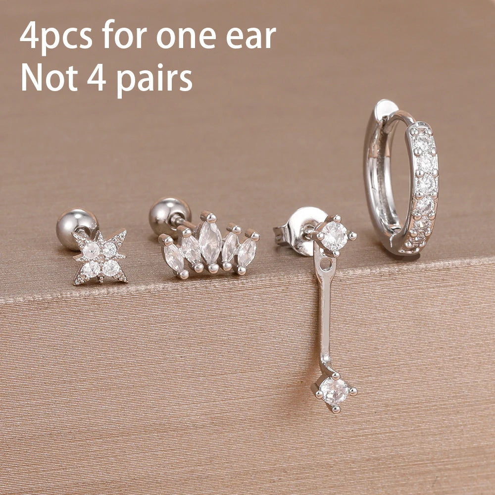 4pcs Korean Stainless Steel Zircon Water Drop Piercing Earrings Set For Women Simple Huggie Square Hoop Earring Fashion Jewelry