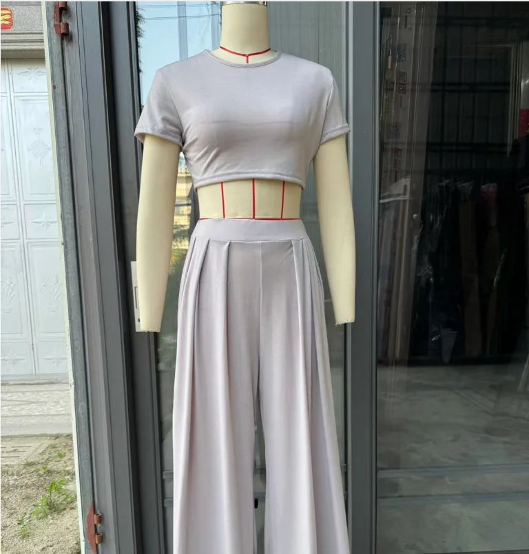 2025 Summer European and American Crew Neck Solid Color Sexy Wide-leg Pants Fashion Casual Set for Women