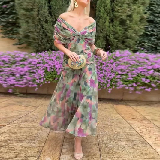 Elegant Woman Clothing Boho Floral Print High Waist Pleated Dress New Low Chest Batwing Sleeve Swing Party Cocktail A-Line Dress