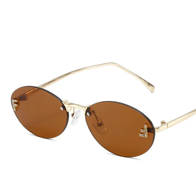 Diamond Letter "F" Rimless Sunglasses Women Luxury Brand Metal Frame Black Small Oval Sun Glasses Unsiex Elegant Shades UV400