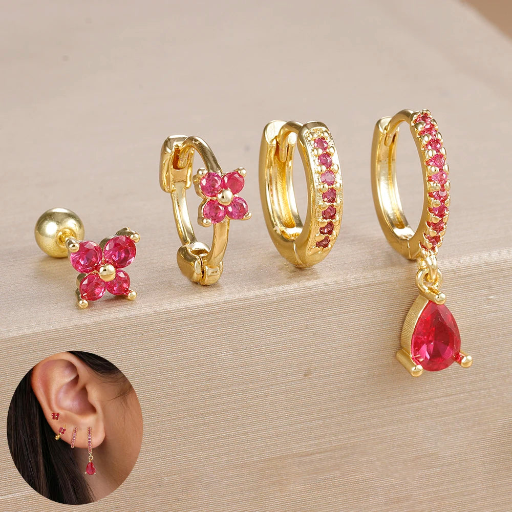 4pcs Korean Stainless Steel Zircon Water Drop Piercing Earrings Set For Women Simple Huggie Square Hoop Earring Fashion Jewelry