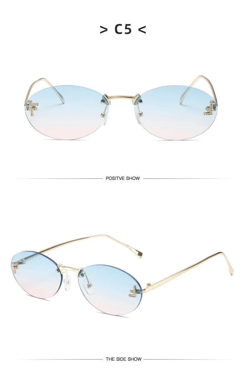 Diamond Letter "F" Rimless Sunglasses Women Luxury Brand Metal Frame Black Small Oval Sun Glasses Unsiex Elegant Shades UV400