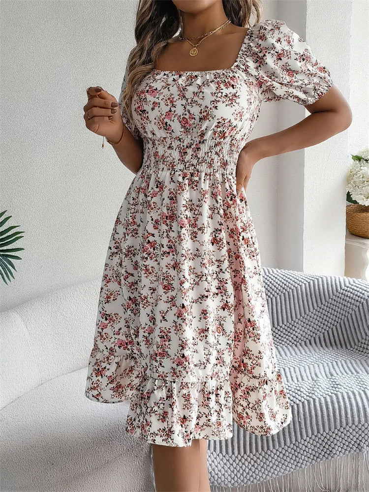 Spring Summer Square Collar Floral Mid-Length Dress Women's Casual Print A-Line Dress