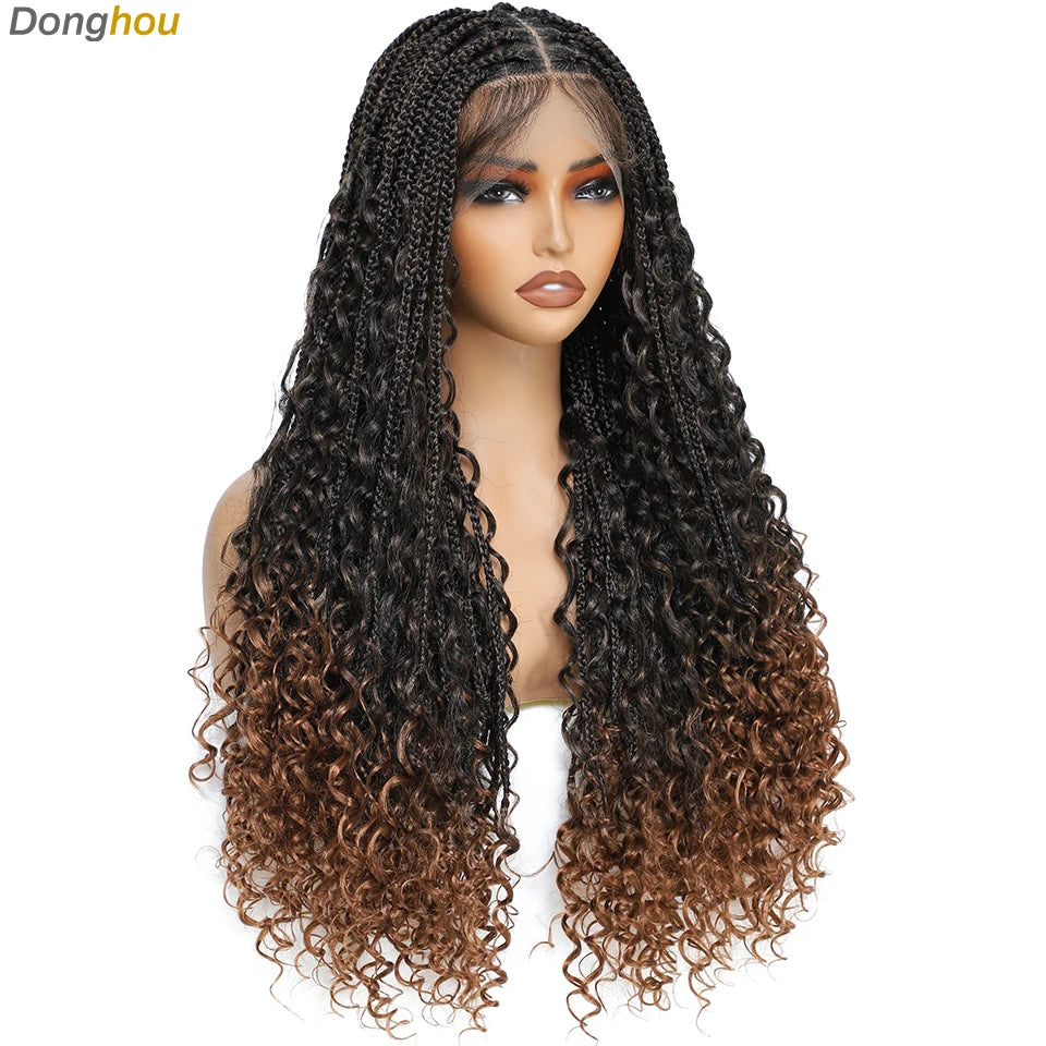 Boho Goddess Box Braid Wig with Baby Hair Lace Front Braided Wigs for Women Brown Hair Synthetic Blended Braids Wig Curly Hair
