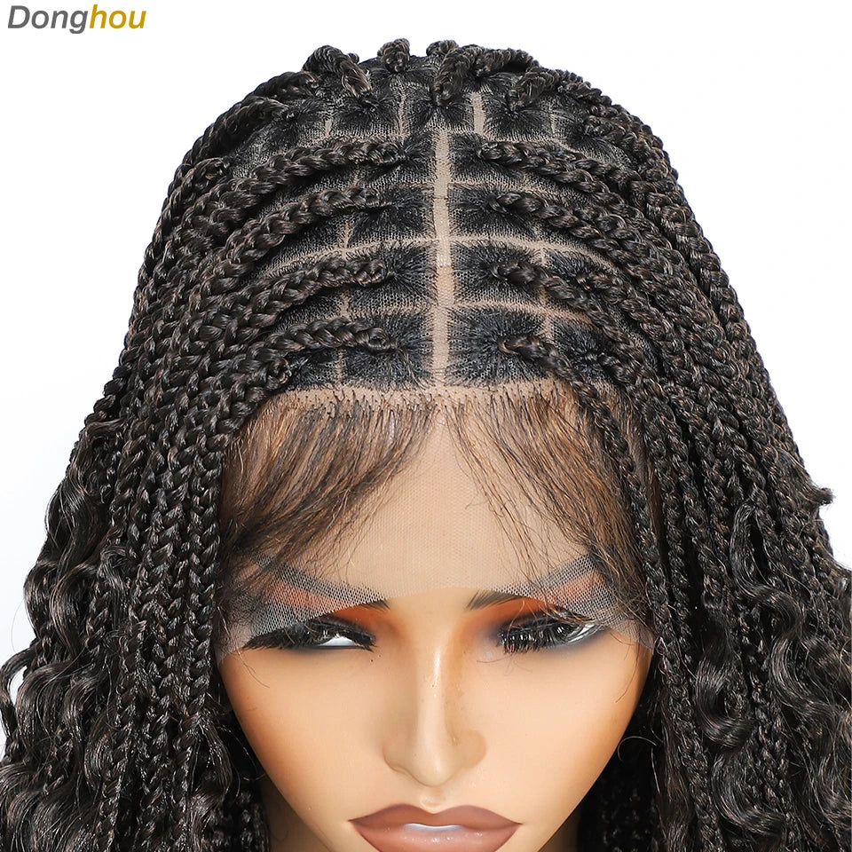Donghou 24” Boho Box Braid Wigs Embroidery Bohemian Braids Wigs Knotless Square Part Braided Lace Wig Pre Plucked with Baby Hair