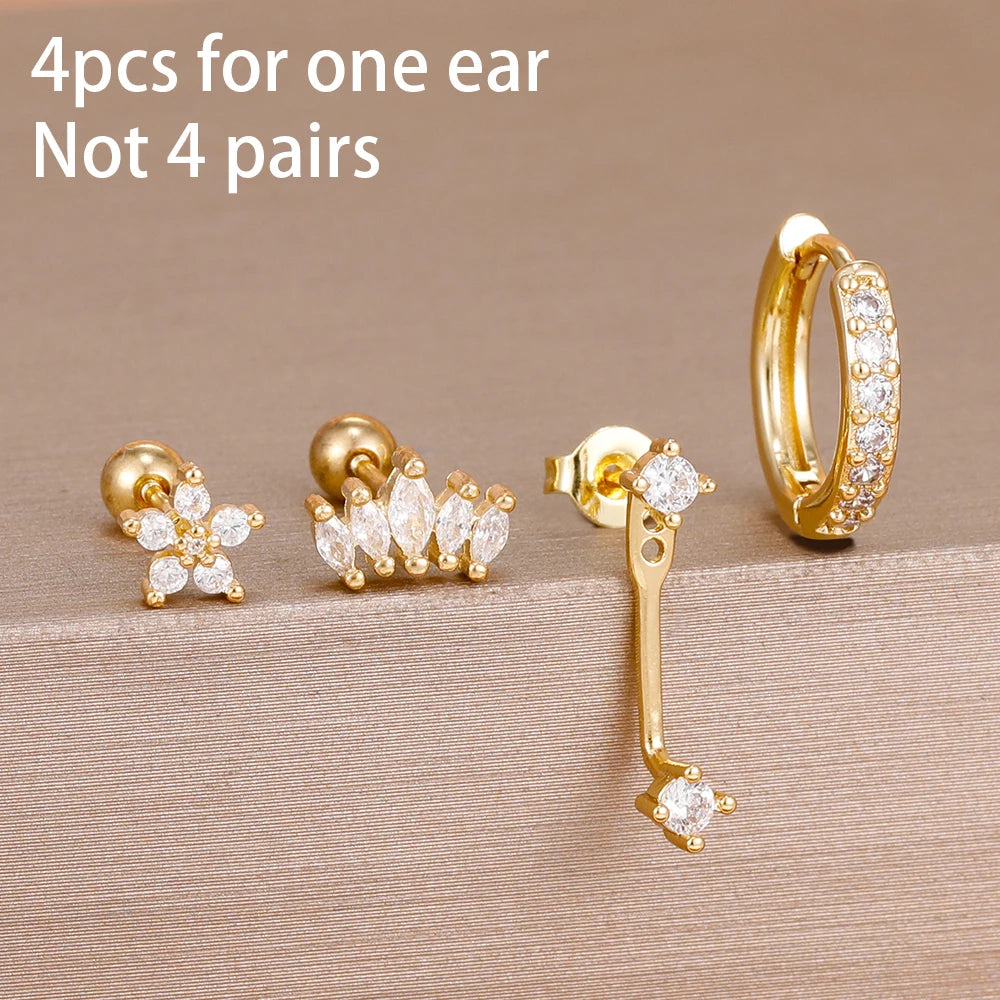 4pcs Korean Stainless Steel Zircon Water Drop Piercing Earrings Set For Women Simple Huggie Square Hoop Earring Fashion Jewelry
