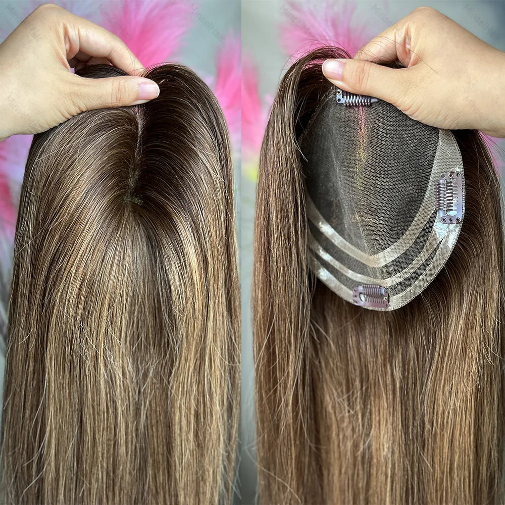 Balayage Brown 5x6 Swiss Lace Human Hair Toppers Premium Remy Hair 14"-16" Hand-Crocheted 130% Density Breathable