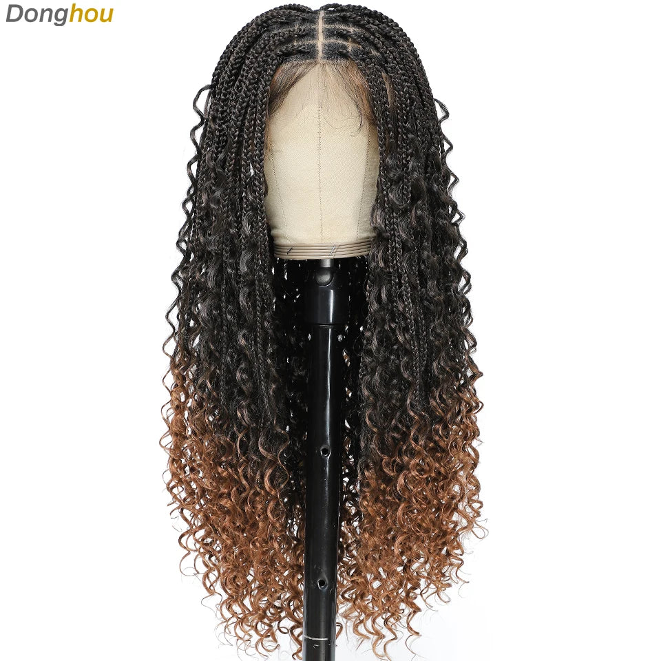 Donghou 24” Boho Box Braid Wigs Embroidery Bohemian Braids Wigs Knotless Square Part Braided Lace Wig Pre Plucked with Baby Hair