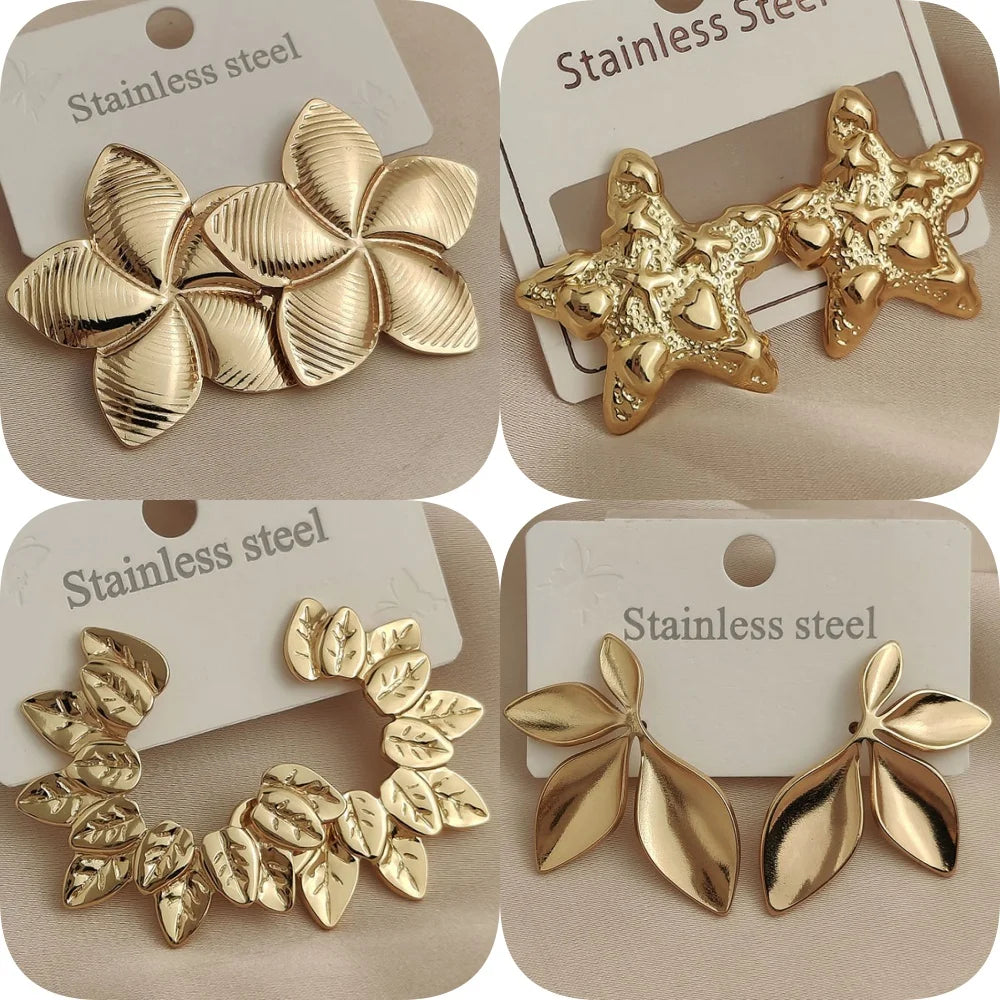 Creative heavy metal leaf starfish stainless steel earrings, waterproof and rusty earrings for women, party jewelry