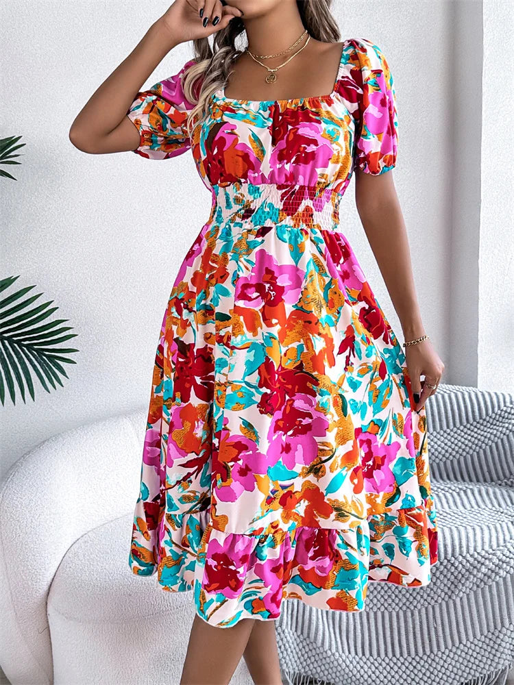 Spring Summer Square Collar Floral Mid-Length Dress Women's Casual Print A-Line Dress