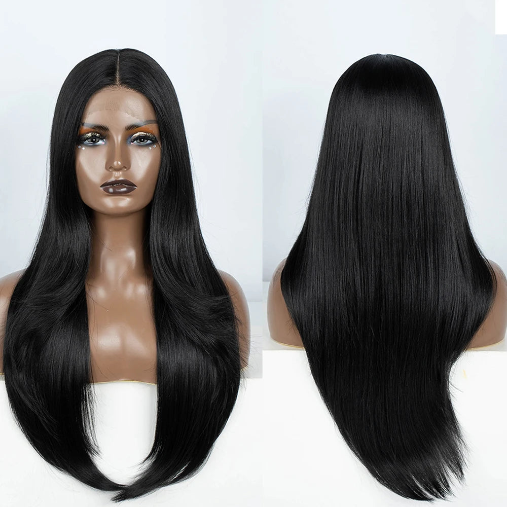 Synthetic Lace Front Wig 28" Straight Ombre Chocolate Brown lace Wig Cosplay part Wig  For Women Lace Wig synthetic Lace Wig