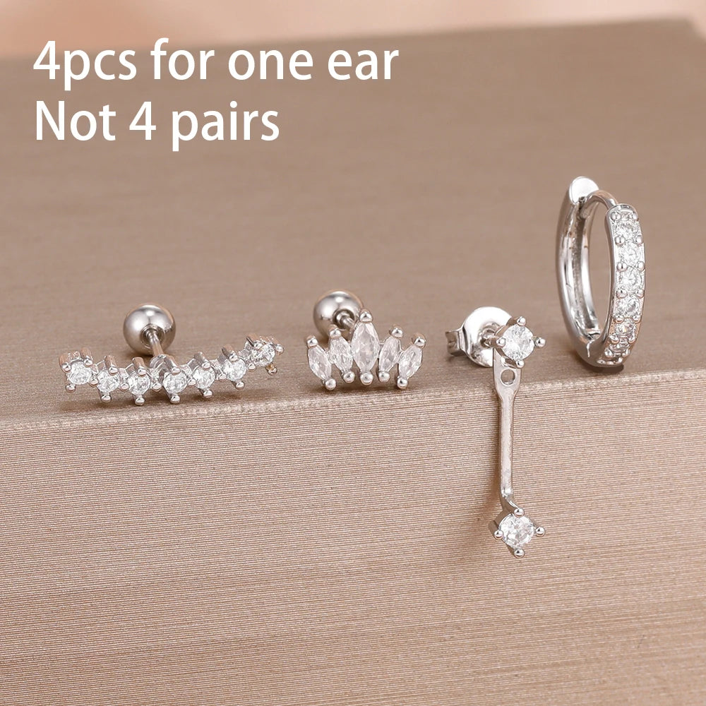 4pcs Korean Stainless Steel Zircon Water Drop Piercing Earrings Set For Women Simple Huggie Square Hoop Earring Fashion Jewelry