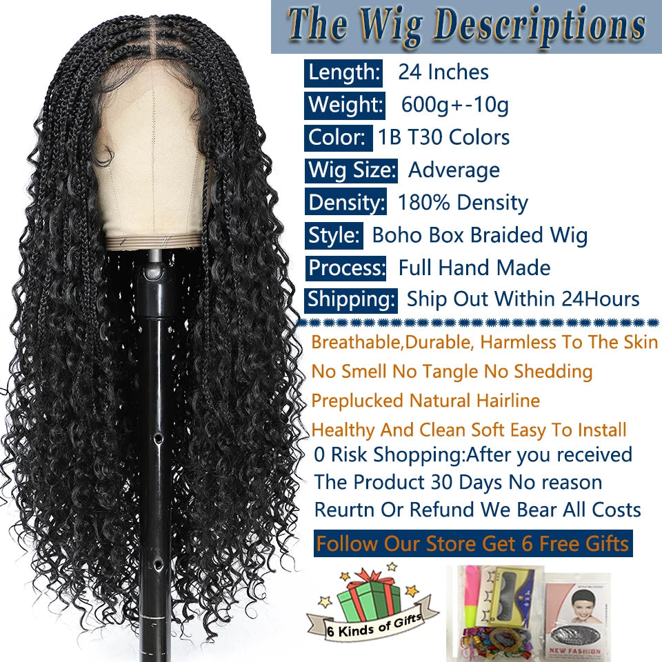 Donghou 24” Boho Box Braid Wigs Embroidery Bohemian Braids Wigs Knotless Square Part Braided Lace Wig Pre Plucked with Baby Hair