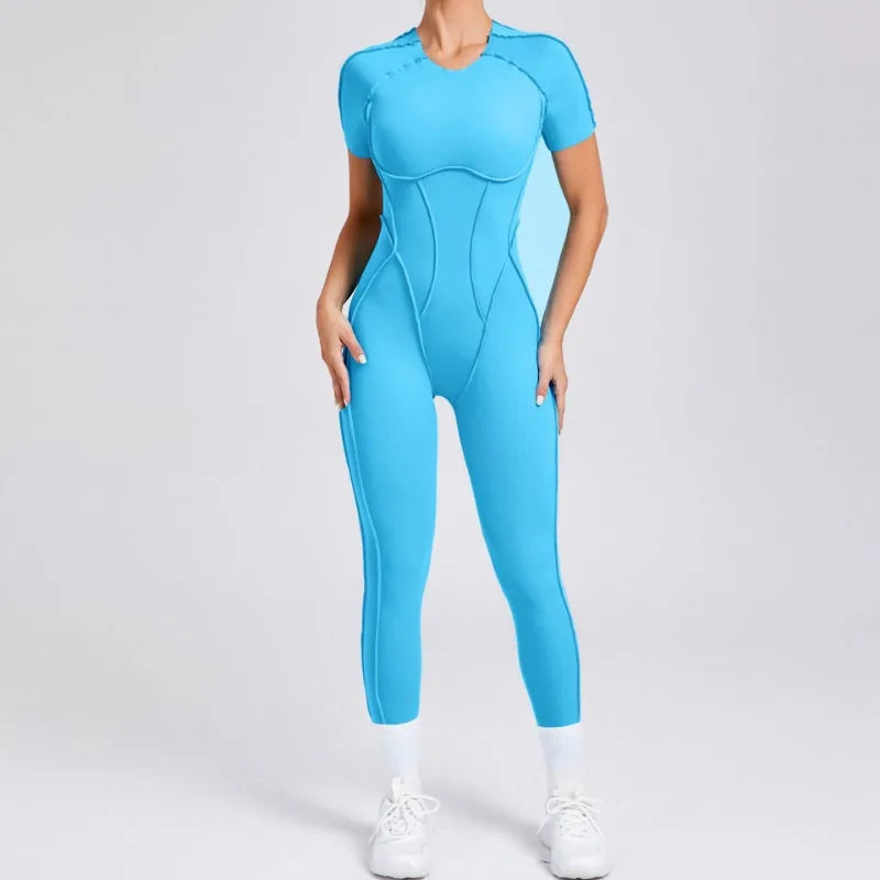 Seamless Yoga Jumpsuits Sports Fitness Hip-lifting Backless Short-sleeved One-piece Workout Gym Leggings Tracksuits for Women