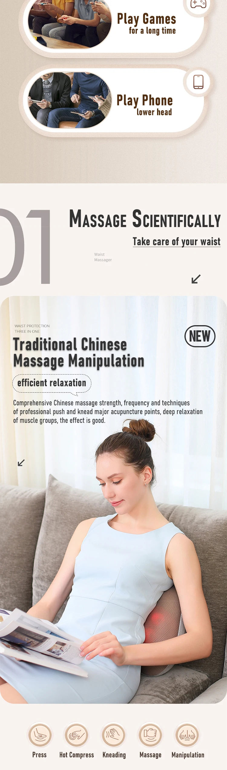 Massage cushion massager, waist and back kneading massager, full body usable, hot compress massage backrest