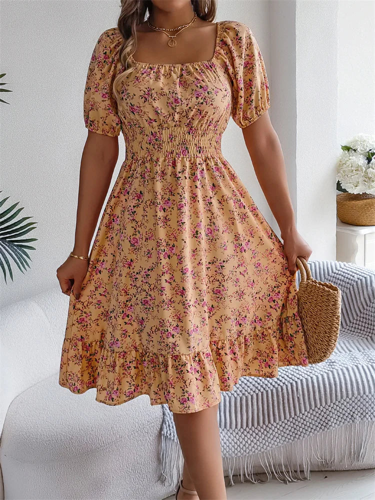Spring Summer Square Collar Floral Mid-Length Dress Women's Casual Print A-Line Dress