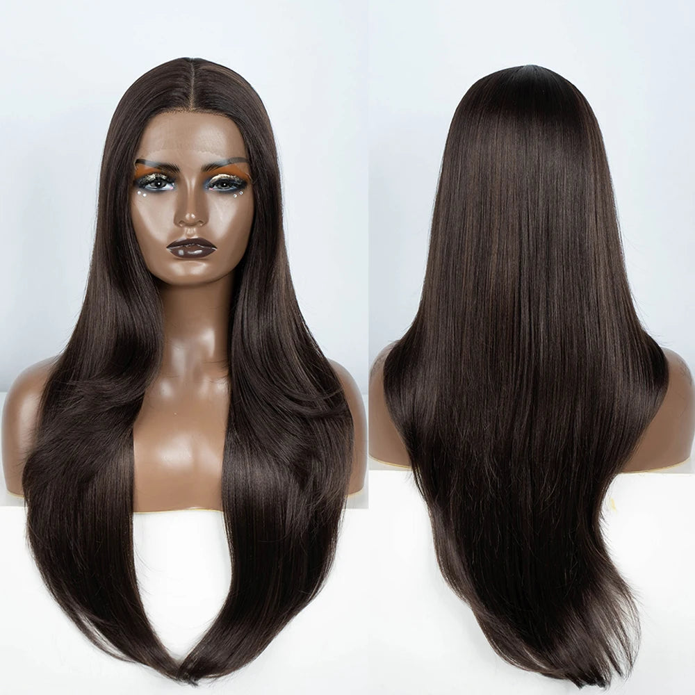 Synthetic Lace Front Wig 28" Straight Ombre Chocolate Brown lace Wig Cosplay part Wig  For Women Lace Wig synthetic Lace Wig