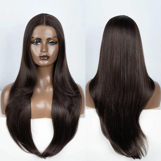 Synthetic Lace Front Wig 28" Straight Ombre Chocolate Brown lace Wig Cosplay part Wig  For Women Lace Wig synthetic Lace Wig