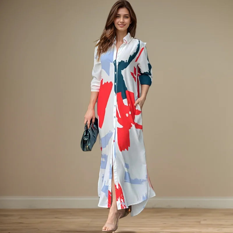 Fashion Sexy Side Split Turn Down Collar Shirt Long Dress Elegant Temperament Printed Long Sleeve Pocket Single Breasted Dress