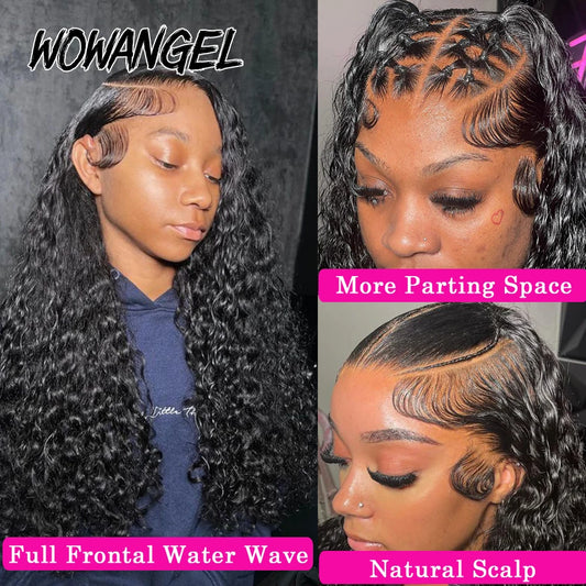 Wow Angel 250% HD Lace Frontal Wigs 13X6 Water Wave Wigs 28inch Lace Front Wigs Pre Plucked Curly Wig Human Hair Wig For Women