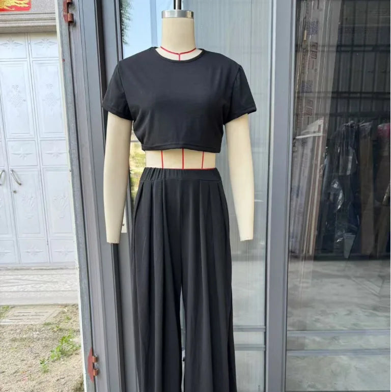 2025 Summer European and American Crew Neck Solid Color Sexy Wide-leg Pants Fashion Casual Set for Women
