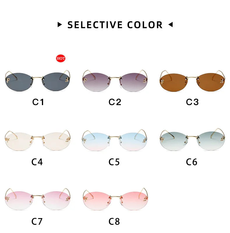 Diamond Letter "F" Rimless Sunglasses Women Luxury Brand Metal Frame Black Small Oval Sun Glasses Unsiex Elegant Shades UV400