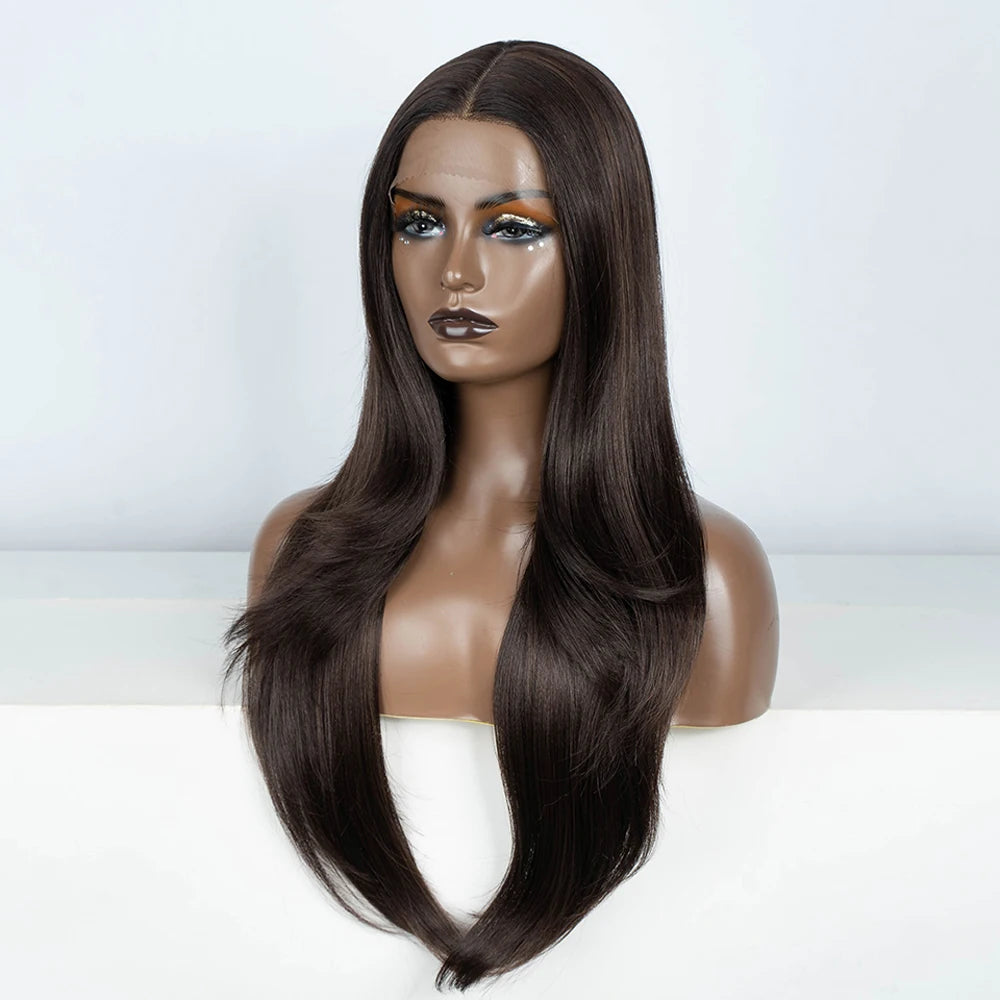 Synthetic Lace Front Wig 28" Straight Ombre Chocolate Brown lace Wig Cosplay part Wig  For Women Lace Wig synthetic Lace Wig