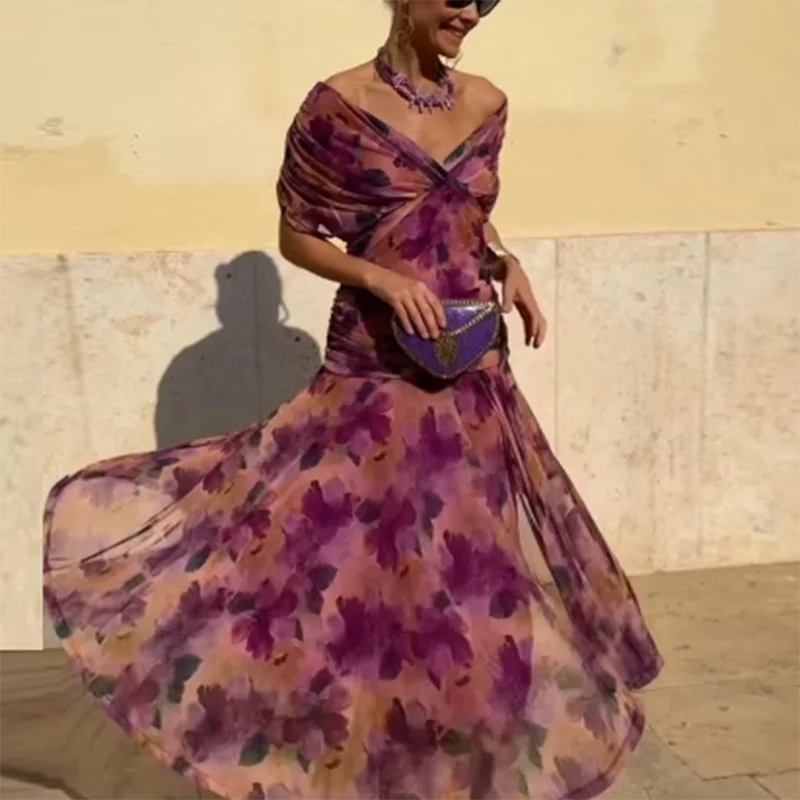 Elegant Woman Clothing Boho Floral Print High Waist Pleated Dress New Low Chest Batwing Sleeve Swing Party Cocktail A-Line Dress