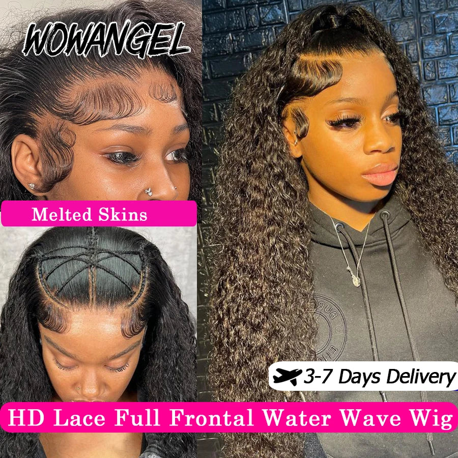 Wow Angel 250% HD Lace Frontal Wigs 13X6 Water Wave Wigs 28inch Lace Front Wigs Pre Plucked Curly Wig Human Hair Wig For Women