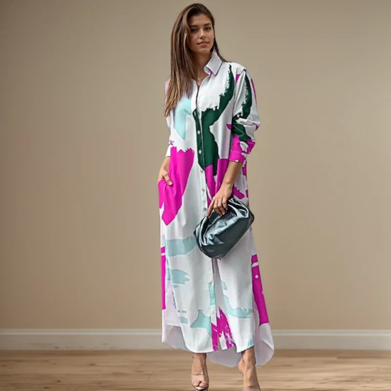 Fashion Sexy Side Split Turn Down Collar Shirt Long Dress Elegant Temperament Printed Long Sleeve Pocket Single Breasted Dress
