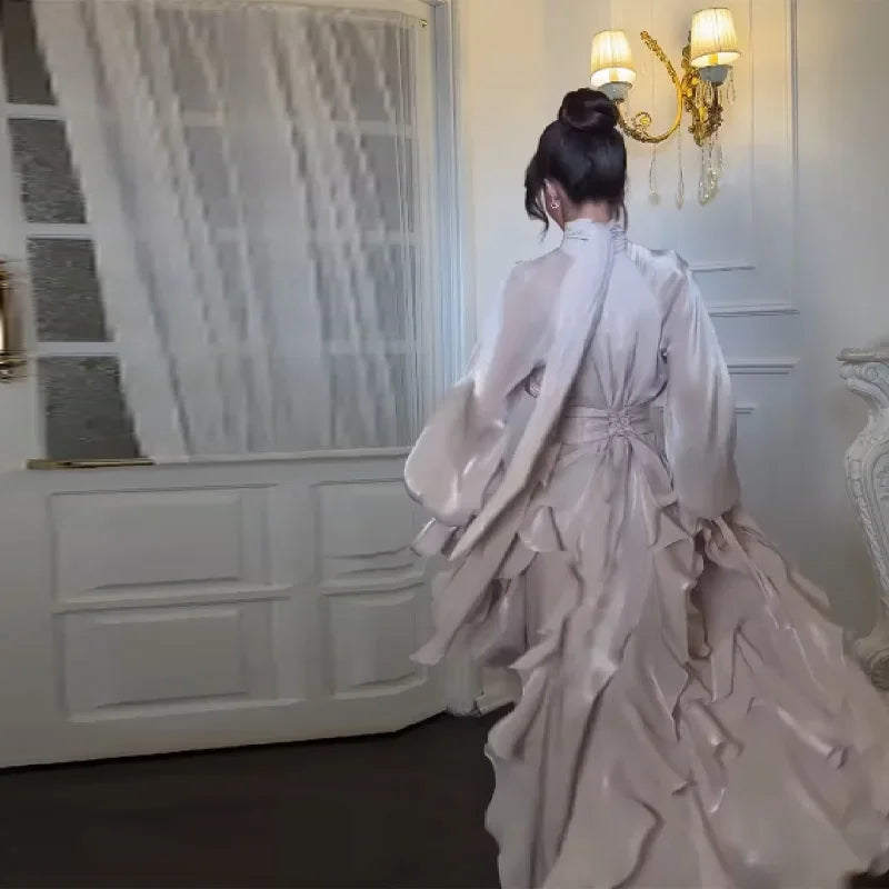 Shinny Ruffles Hem Maxi Dress A Line Long Sleeve Slim Fit Party Long Robes Lace Up Luxury Club Vestidos 2025 Lady Summer Gowns
