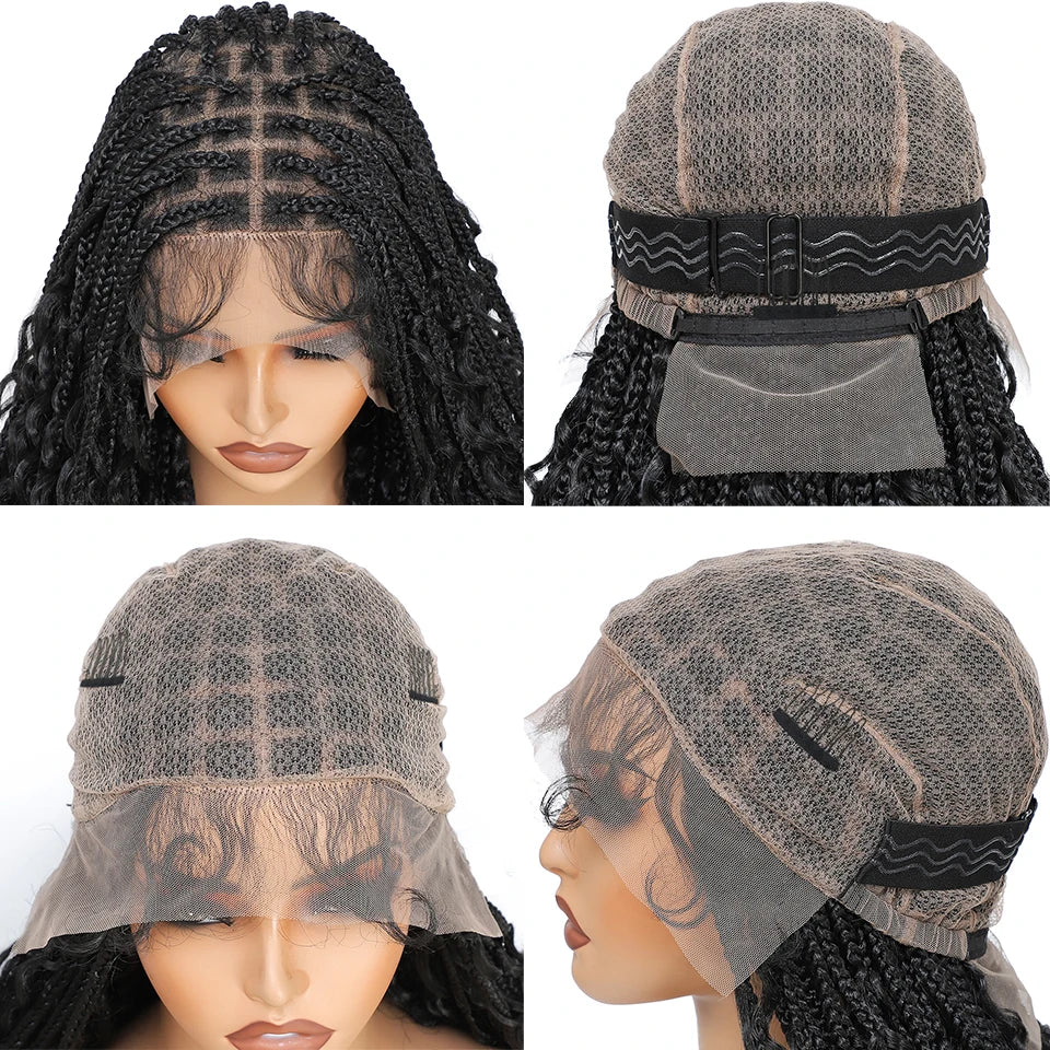 Donghou 24” Boho Box Braid Wigs Embroidery Bohemian Braids Wigs Knotless Square Part Braided Lace Wig Pre Plucked with Baby Hair