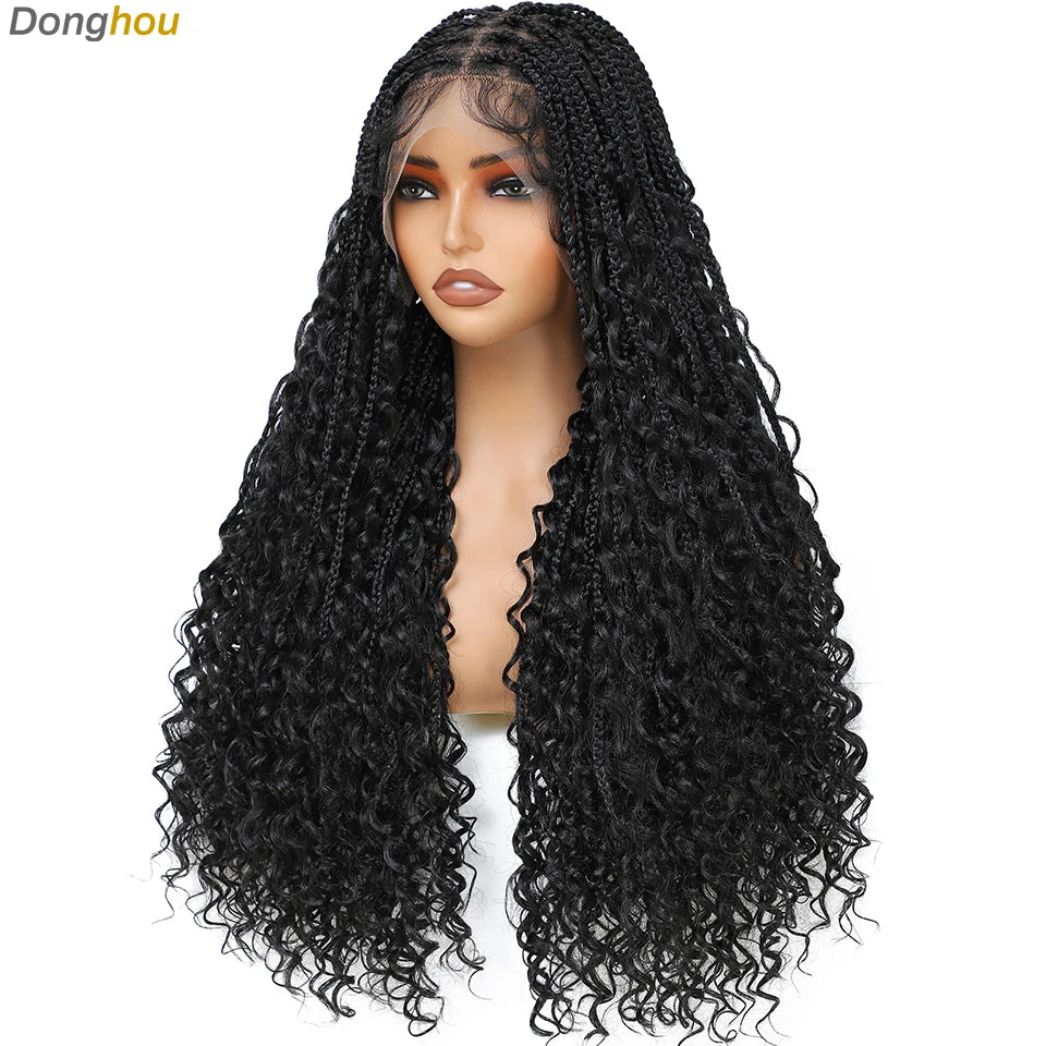 Boho Goddess Box Braid Wig with Baby Hair Lace Front Braided Wigs for Women Brown Hair Synthetic Blended Braids Wig Curly Hair