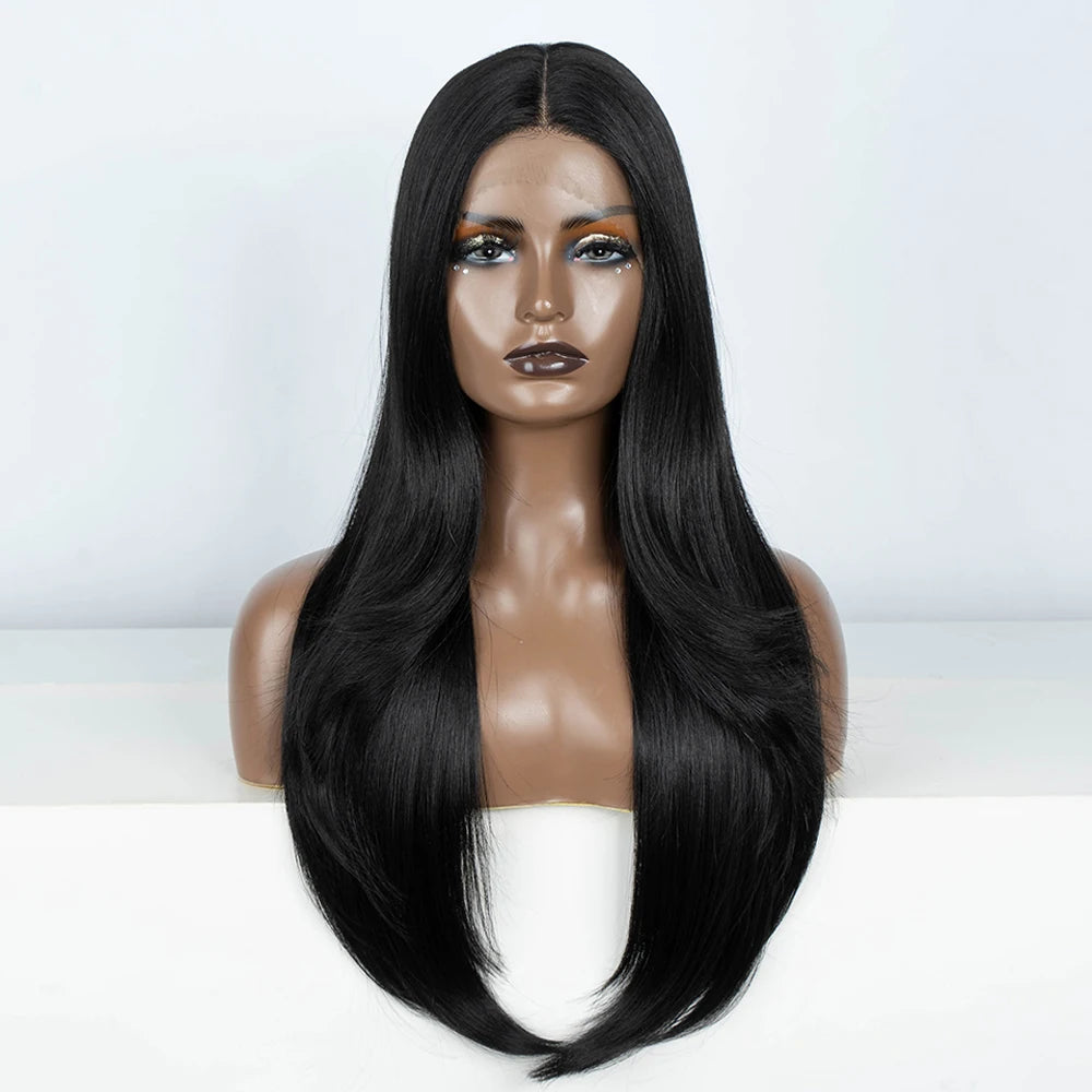 Synthetic Lace Front Wig 28" Straight Ombre Chocolate Brown lace Wig Cosplay part Wig  For Women Lace Wig synthetic Lace Wig