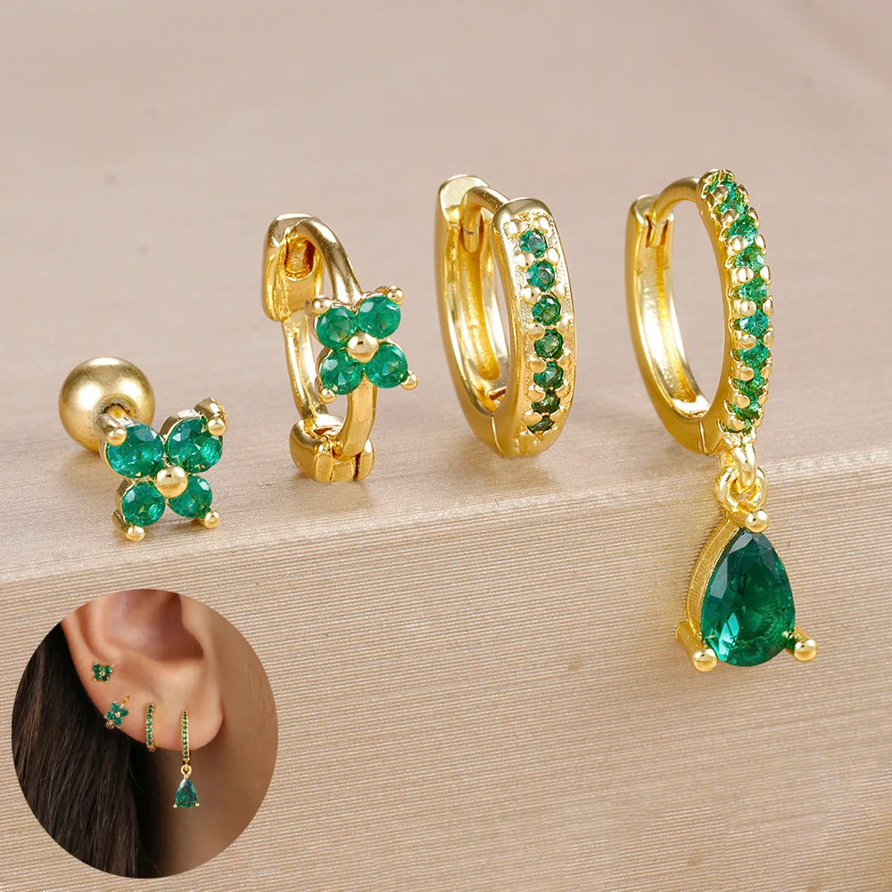 4pcs Korean Stainless Steel Zircon Water Drop Piercing Earrings Set For Women Simple Huggie Square Hoop Earring Fashion Jewelry