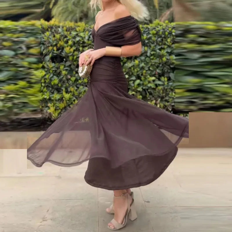 Elegant Woman Clothing Boho Floral Print High Waist Pleated Dress New Low Chest Batwing Sleeve Swing Party Cocktail A-Line Dress