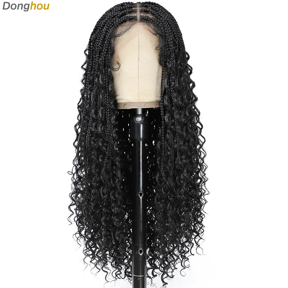 Boho Goddess Box Braid Wig with Baby Hair Lace Front Braided Wigs for Women Brown Hair Synthetic Blended Braids Wig Curly Hair