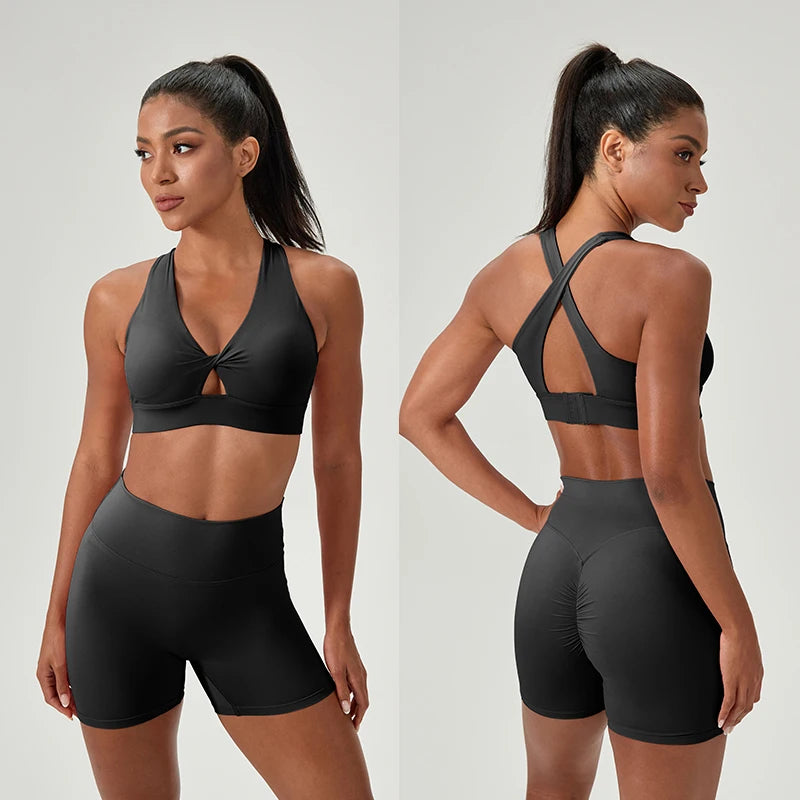 2 Pieces Women Yoga Set High Waist Elastic Running Shorts Bra Tops Gym Suit Summer Running Fitness Workout Clothes